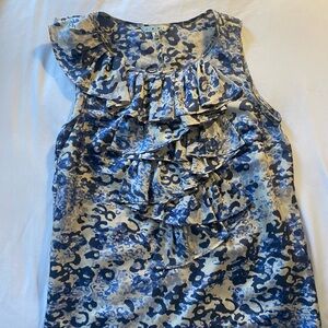 CAbi Blue and Cream Ruffled Silk Top